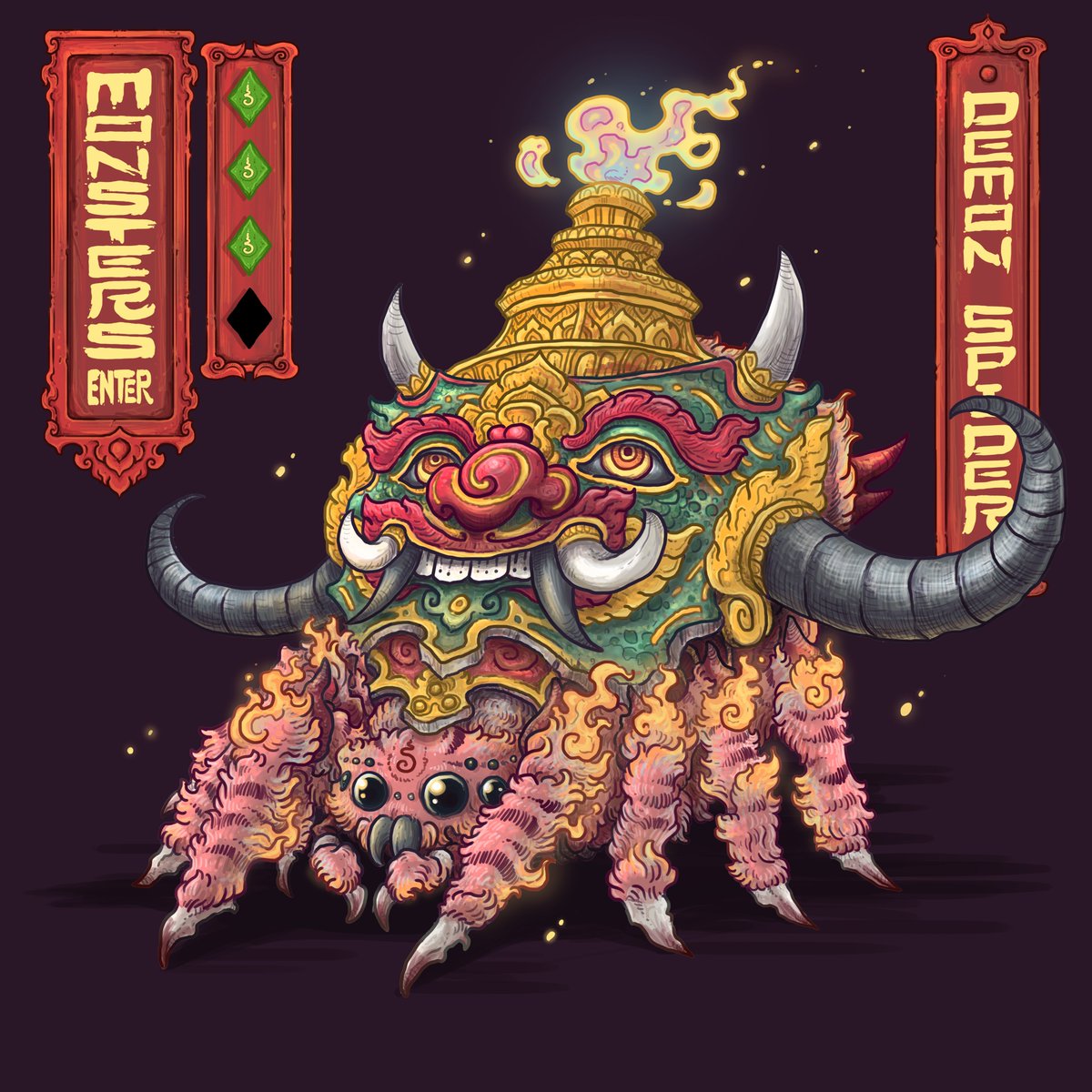 MONSTERS ENTER #021 - Demon spider.

A demonic spider whose job is to trap prisoners in hell. The demonic face behind him was meant to intimidate the enemy.