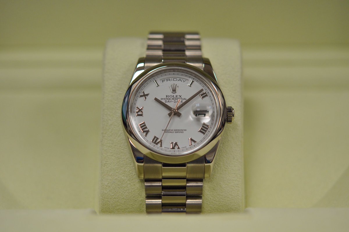 ericross12's tweet photo. A fine 18ct white gold Rolex Day-Date, model reference 118209. The case has a diameter of 36mm and is presented on a President bracelet, both are made of 18ct white gold. The watch is water-resistant to a depth of 100 meters. Contact us for more details
#hattongarden https://t.co/0vaqilgkLf