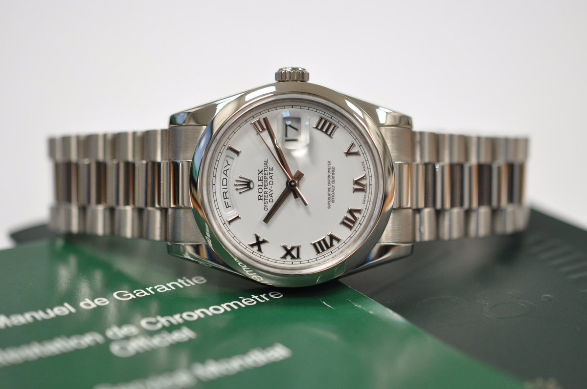ericross12's tweet photo. A fine 18ct white gold Rolex Day-Date, model reference 118209. The case has a diameter of 36mm and is presented on a President bracelet, both are made of 18ct white gold. The watch is water-resistant to a depth of 100 meters. Contact us for more details
#hattongarden https://t.co/0vaqilgkLf