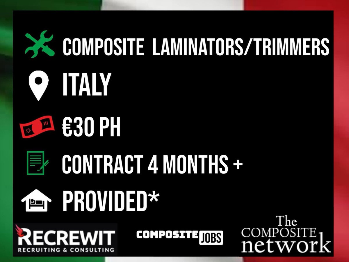CompositeNet's tweet photo. @RECREWIT are looking for a large number of composite laminators and trimmers
 for their clients in Italy.  
More info/apply: https://t.co/Ox6ILe64mc https://t.co/NKKqW2O54x