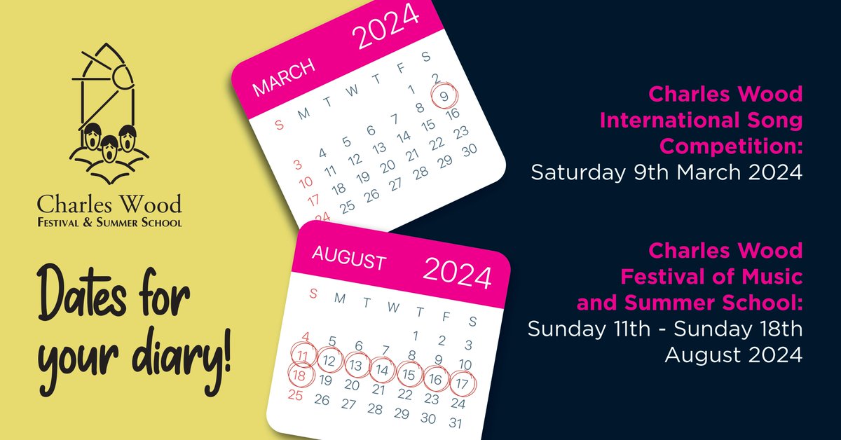 Dates for your Diary! 📅

We are pleased to announce the dates of the 2024 Charles Wood Festival: 11th - 18th August 2024 🎶

The Charles Wood International Song Competition will take place on 9th March 2024 🤩

➡️ bit.ly/47BNMnp

#CWF2024 #LoveChoral #ACNISupported