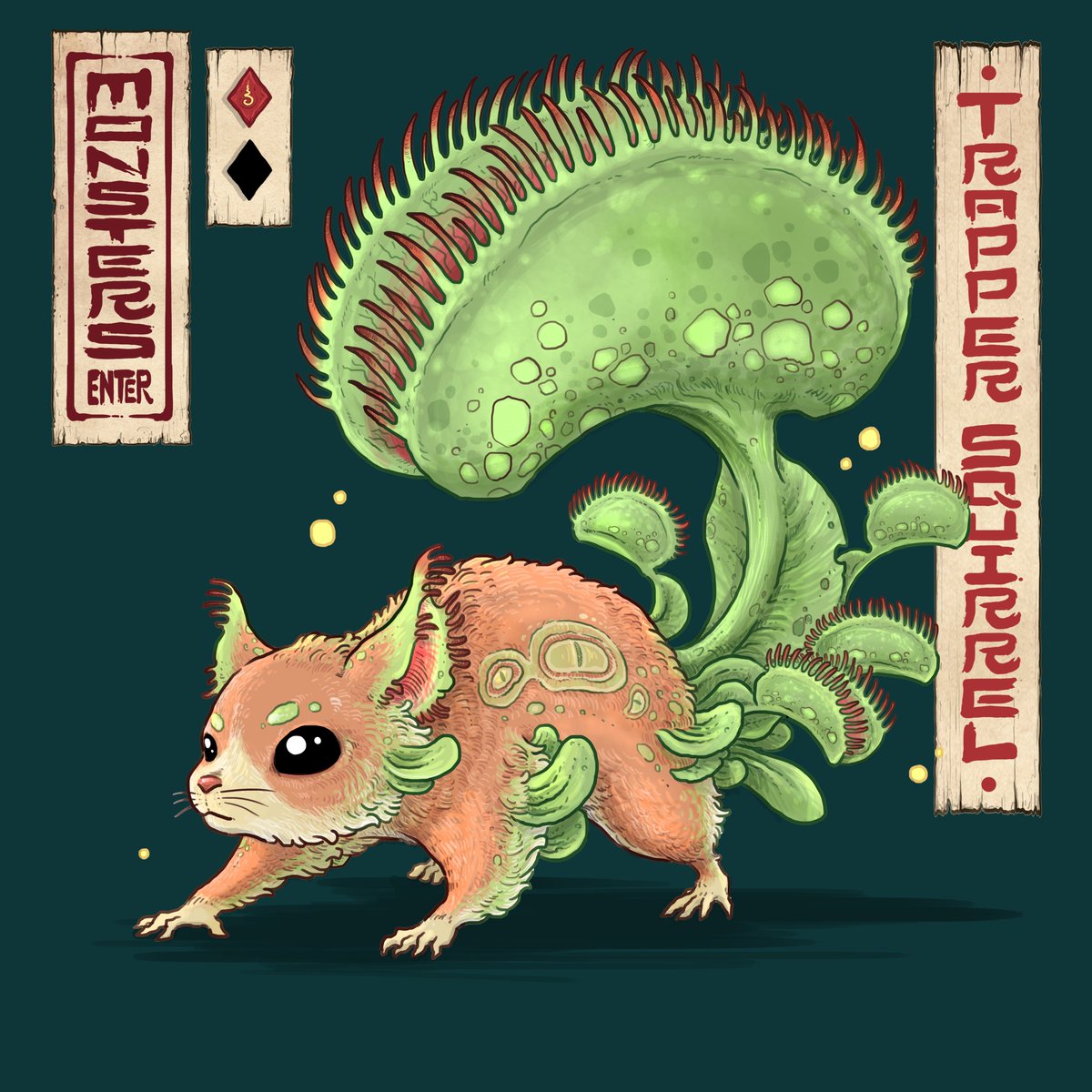 MONSTERS ENTER #019 - Trapper squirrel.

A strange squirrel with its tail is a Venus flytrap plant. to trap the prey that comes close