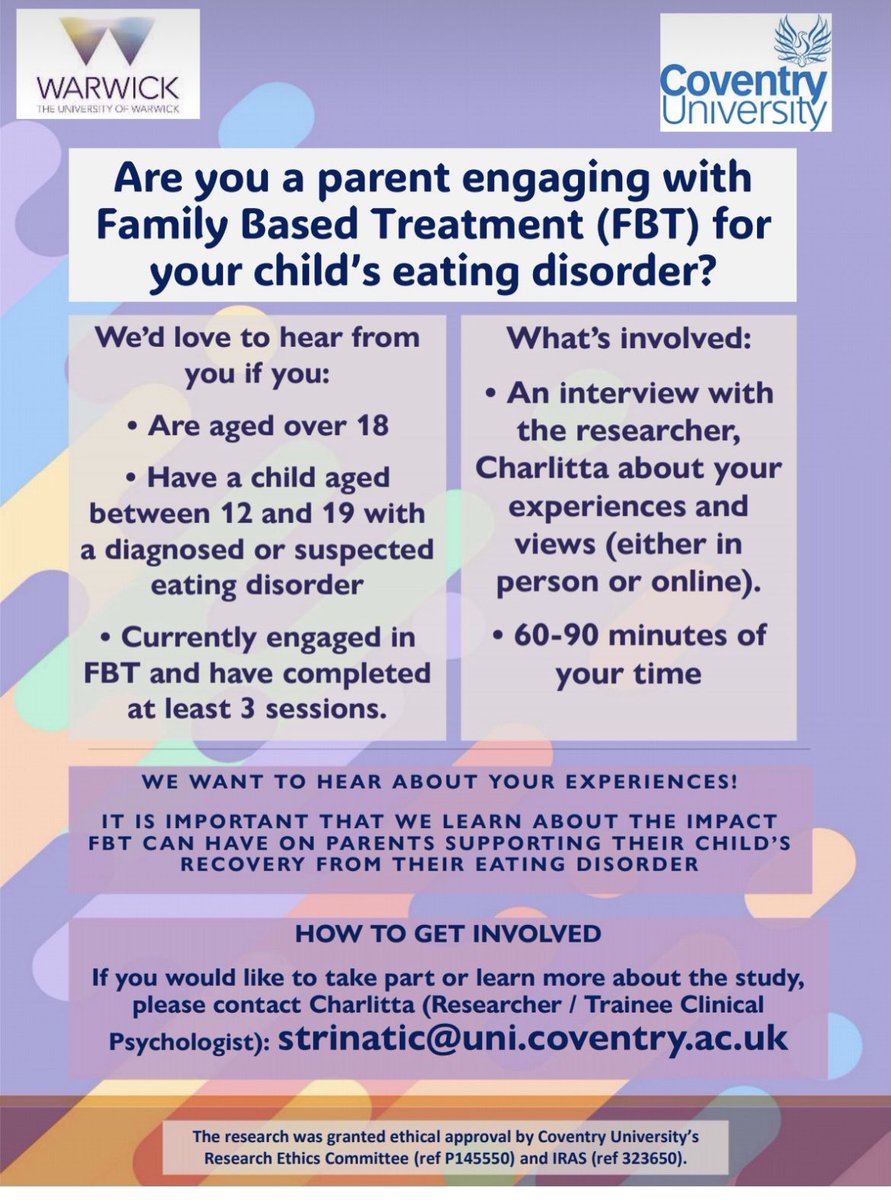 Research opportunity - Please share! We’re looking for parents currently engaged in FBT to take part in an interview exploring their experience of FBT.  More info on BEAT and FEAST research pages beateatingdisorders.org.uk/get-informatio… 

#EatingDisorders #ED #FBT #Familybasedtreatment