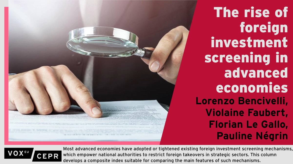 VoxEU (@voxeu) on Twitter photo Economies have enhanced foreign investment screening mechanisms to restrict takeovers in strategic sectors. This column introduces a composite index to compare their main features.
Bencivelli <a href="/bancaditalia/">Banca d'Italia</a>, Faubert, <a href="/FlorianLeGallo/">Florian Le Gallo</a>, Négrin <a href="/banquedefrance/">Banque de France</a>
ow.ly/LGnL50Q8GsC Economies have enhanced foreign investment screening mechanisms to restrict takeovers in strategic sectors. This column introduces a composite index to compare their main features.
Bencivelli <a href="/bancaditalia/">Banca d'Italia</a>, Faubert, <a href="/FlorianLeGallo/">Florian Le Gallo</a>, Négrin <a href="/banquedefrance/">Banque de France</a>
ow.ly/LGnL50Q8GsC