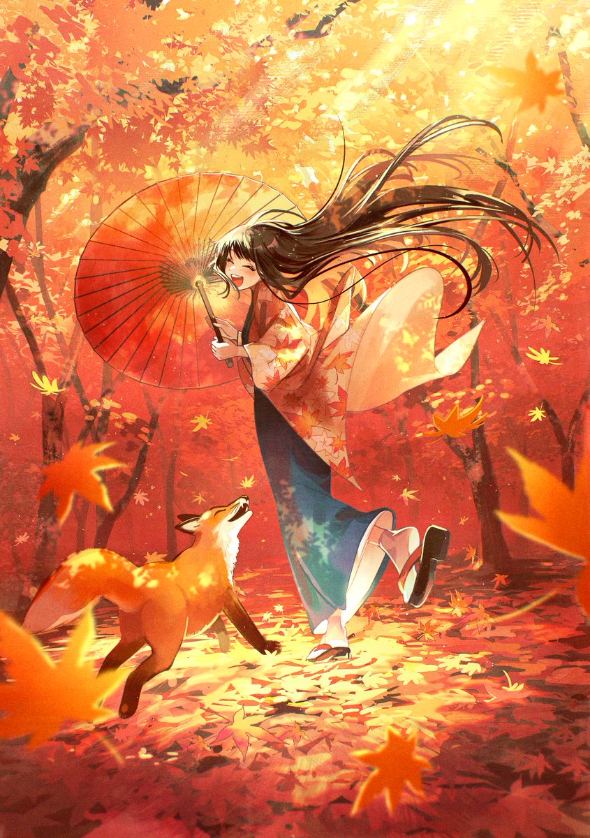 1girl japanese clothes umbrella long hair autumn leaves oil-paper umbrella fox  illustration images