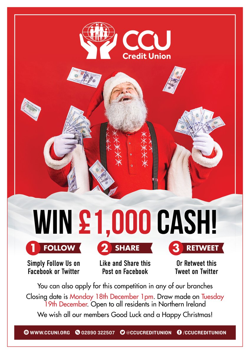 📣 CCU Credit Union Christmas Competition! 🎅 You could win £1,000 Cash! 🤑 See below for details 👇