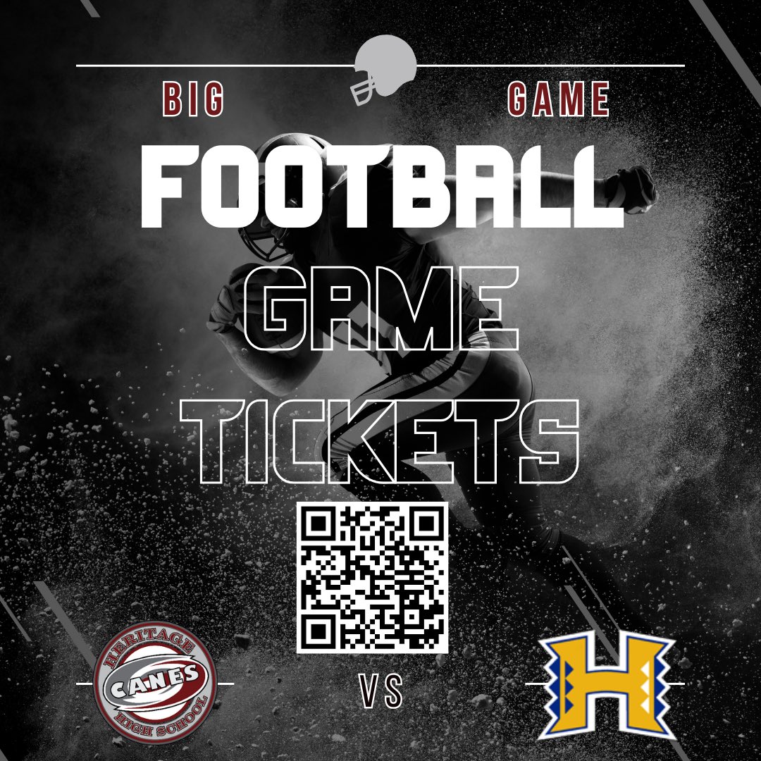 _canesathletics's tweet photo. IT’S GAME DAY‼️ @HeritageHS Hurricanes 🏈 will take on Hopewell tonight at Mercer Field. We’ll see you there #5800Family for a 7PM kickoff. 🎟️ can be purchased using the QR-Code. https://t.co/SfSyYa8Nic