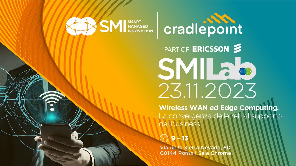 SMI_Group_IT's tweet photo. 📌 Manca meno di una settimana allo SMI Lab con @cradlepoint!
🎙 Insieme a Stefano Germani, Francesco #Russo e Stefano Leonardo Ruggiu entreremo nel cuore dell’approccio Cloud Managed di Cradlepoint grazie ad una demolab interattiva della piattaforma #NetCloud.
➡️ La digitalizzazione e l’adozione del Cloud hanno evidenziato quanto sia necessario ottenere flessibilità dalle reti di comunicazione. In questo scenario, grazie all’evoluzione tecnologica, il mercato sta richiedendo un approccio sempre più convergente con l'obiettivo di offrire maggiore sostegno ai Clienti: wireless WAN ed Edge Computing di Cradlepoint sono la risposta a queste esigenze.
#SMI #SMILab #Cradlepoint #BetterTogheter #wan #CellularIntelligence #23novembre