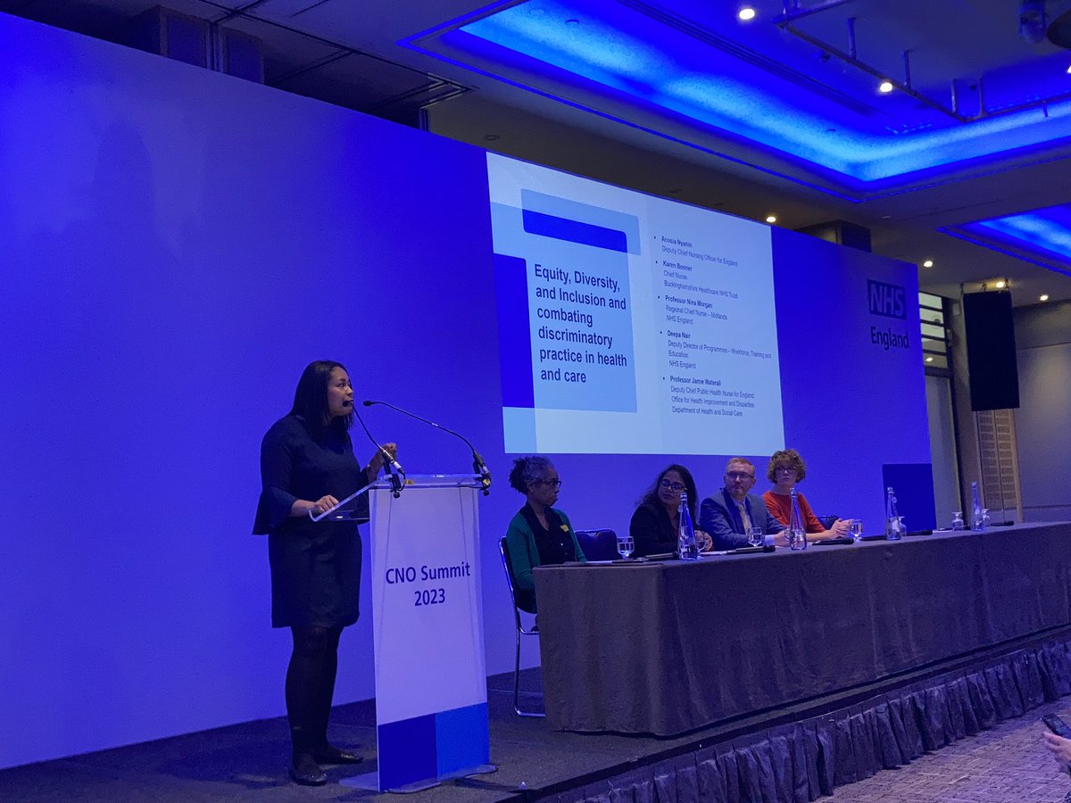 ‘Discrimination of any kind and racism is unacceptable and it has no place in our professions or NHS, but we know that it exists,” says @AcosiaNyanin, kick starting a session on EDI at #CNOSummit2023