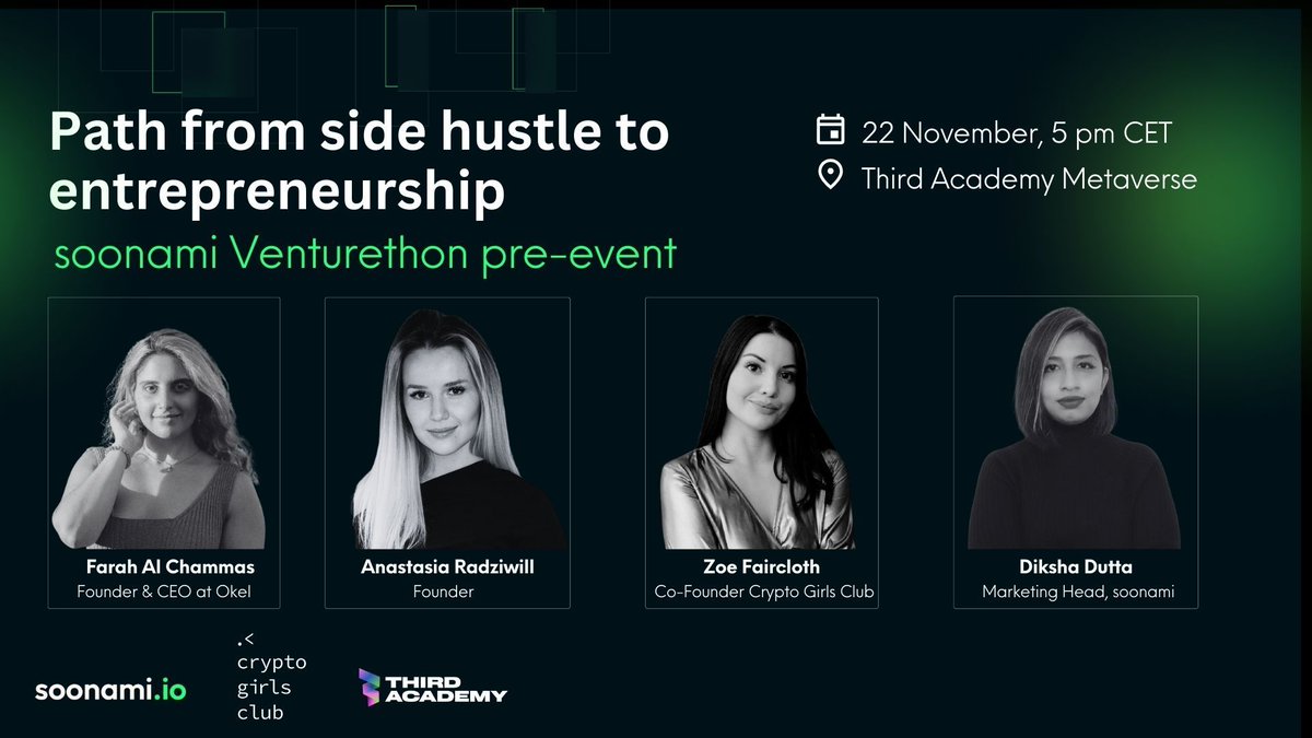 As part of the upcoming  <a href="/soonami_io/">soonami.io</a> venturethon, we're hosting an event in the <a href="/ThirdAcademy_/">Third Academy</a> metaverse.

Learn from three builders on how to take your side-hustle into full-time entrepreneurship  and what you need to prepare for the leap. 🧑‍🚀 

RSVP: buff.ly/47iZBPN