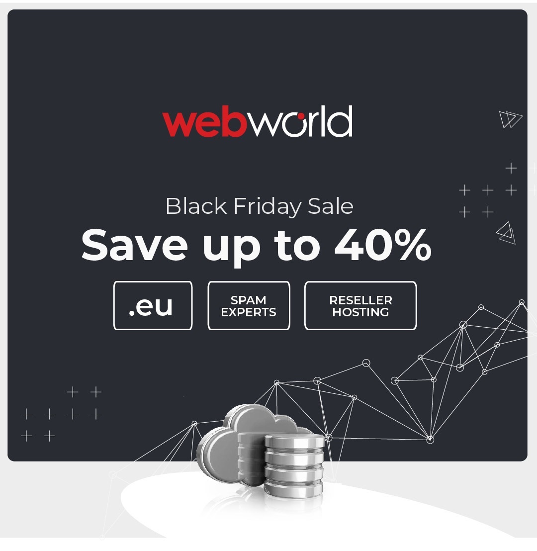 webworldireland's tweet photo. Black Friday Hosting Sale! 

Unlock savings of up to 40% off!  Register your .EU domain, fortify emails with Spam Experts, and explore discounted reseller hosting plans.  Don't miss out – these exclusive deals are valid from 17/11/2023 to 01/12/2023. https://t.co/jUMf5e9DXo