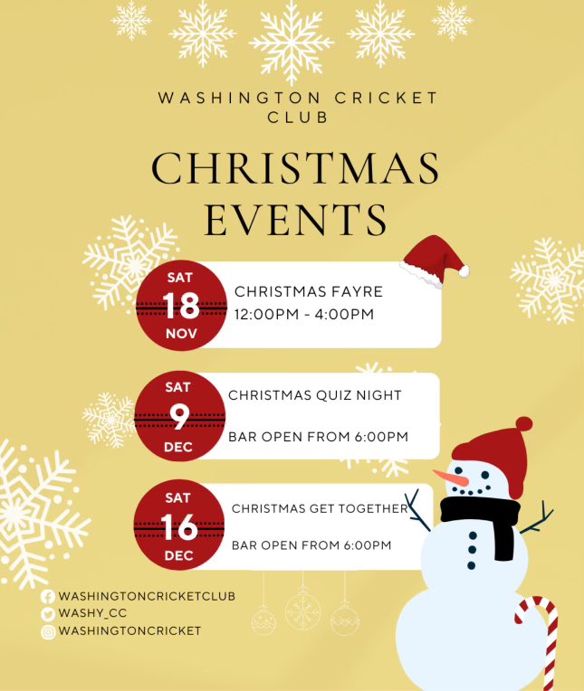 Washy_CC's tweet image. 🎄 CHRISTMAS EVENTS 🎄

Kicking off with our Christmas Fayre this Saturday 12 - 4 at Washington Cricket Club!! 

Stalls include : 

•wax melts 
•jewellery 
•pottery 
•The body shop 
•scentsy 
•candles 
•brownies
•tombolla and more! 

🎄We hope to see you there!🎄