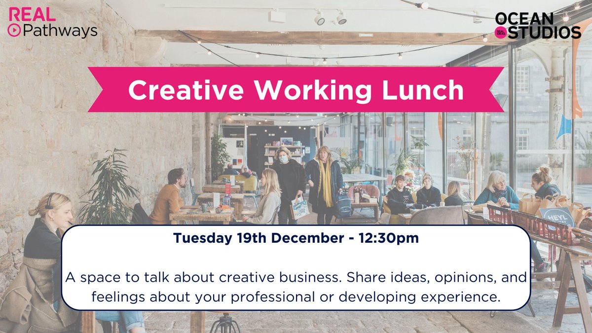 🖌️ Creative Working Lunch 🖌️

Come along to our Creative Working Lunch at Ocean Studios; A space to talk about creative business, hare ideas, opinions, and feelings about your professional or developing experience.

Find out more and book here: hubs.la/Q026fmXM0