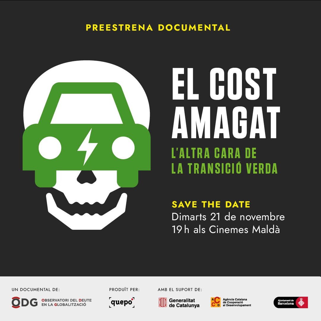 Alfons_ODG's tweet photo. El dimarts 21/11 estrenem #ElCostAmagatDocumental 
"l'altra cara de la transició verda"sobre l'extracció de liti i la producció d'hidrogen verd està impactant en vides, comunitats i territoris; produït per @twitt_odg  i @quepo_org 

Inscriviu-vos!

https://t.co/xdiVe8uOTQ https://t.co/fx9jEt1VKp