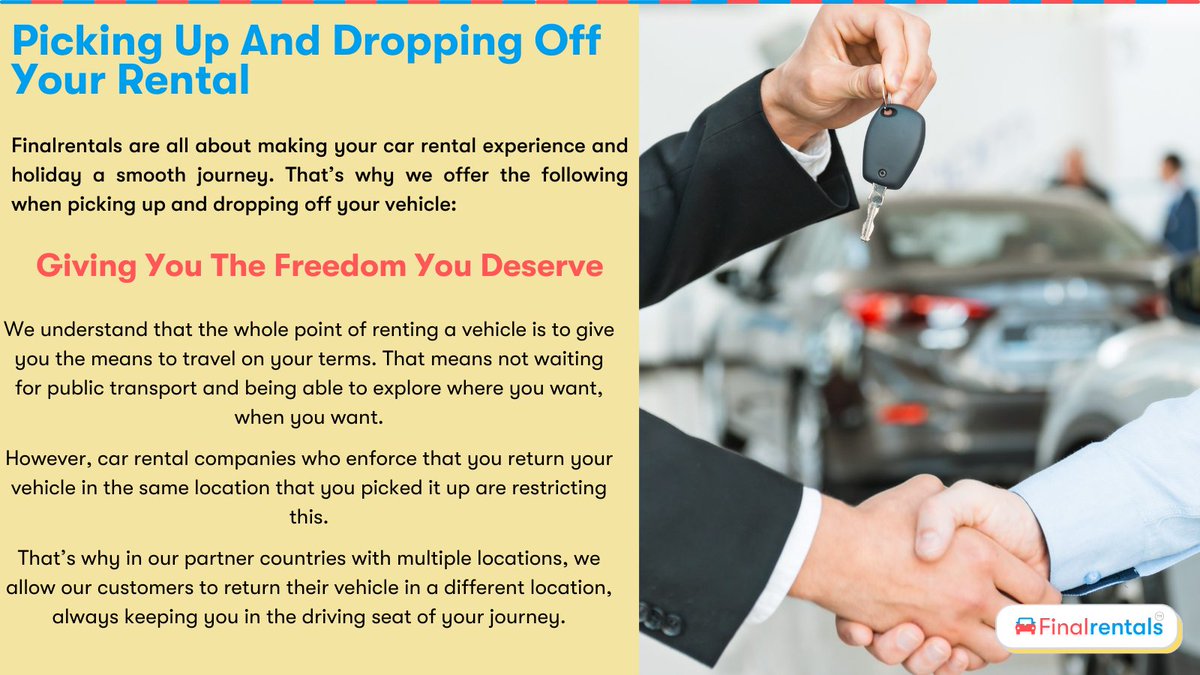 Renting a car is all about making your life easier, but Finalrentals goes the extra mile, letting you drop off your car in a different location from where you picked it up. #carrrental #finalrentals #customerservice #business #travel