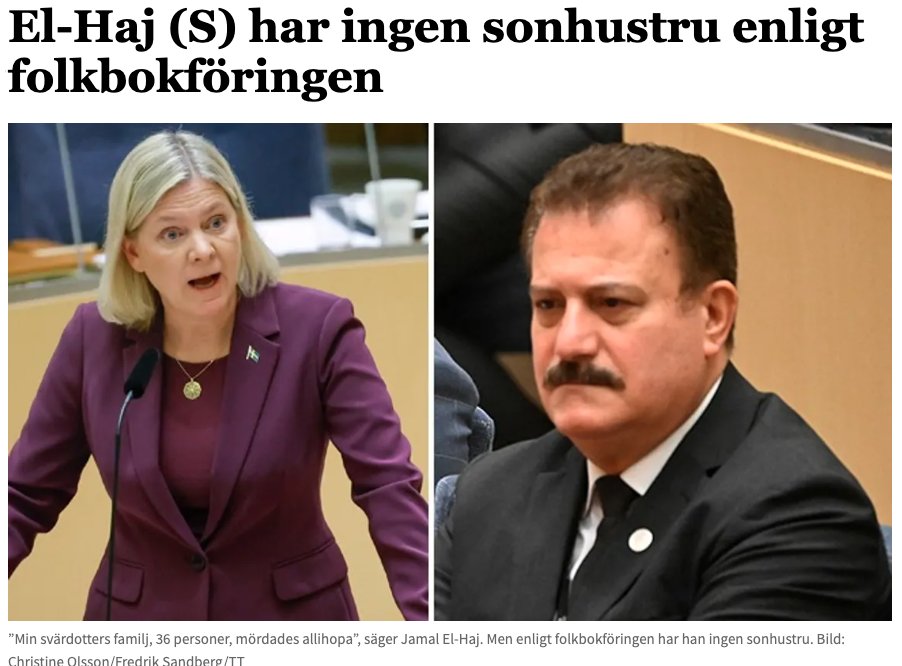 I onsdagens partiledardebatt i riksdagen påstod Magdalena Andersson att Jamal El-Hajs (S) sonhustrus familj hade dött i kriget i Gaza. Men enligt folkbokföringen är båda El-Hajs söner ogifta. bulletin.nu/el-haj-s-har-i…