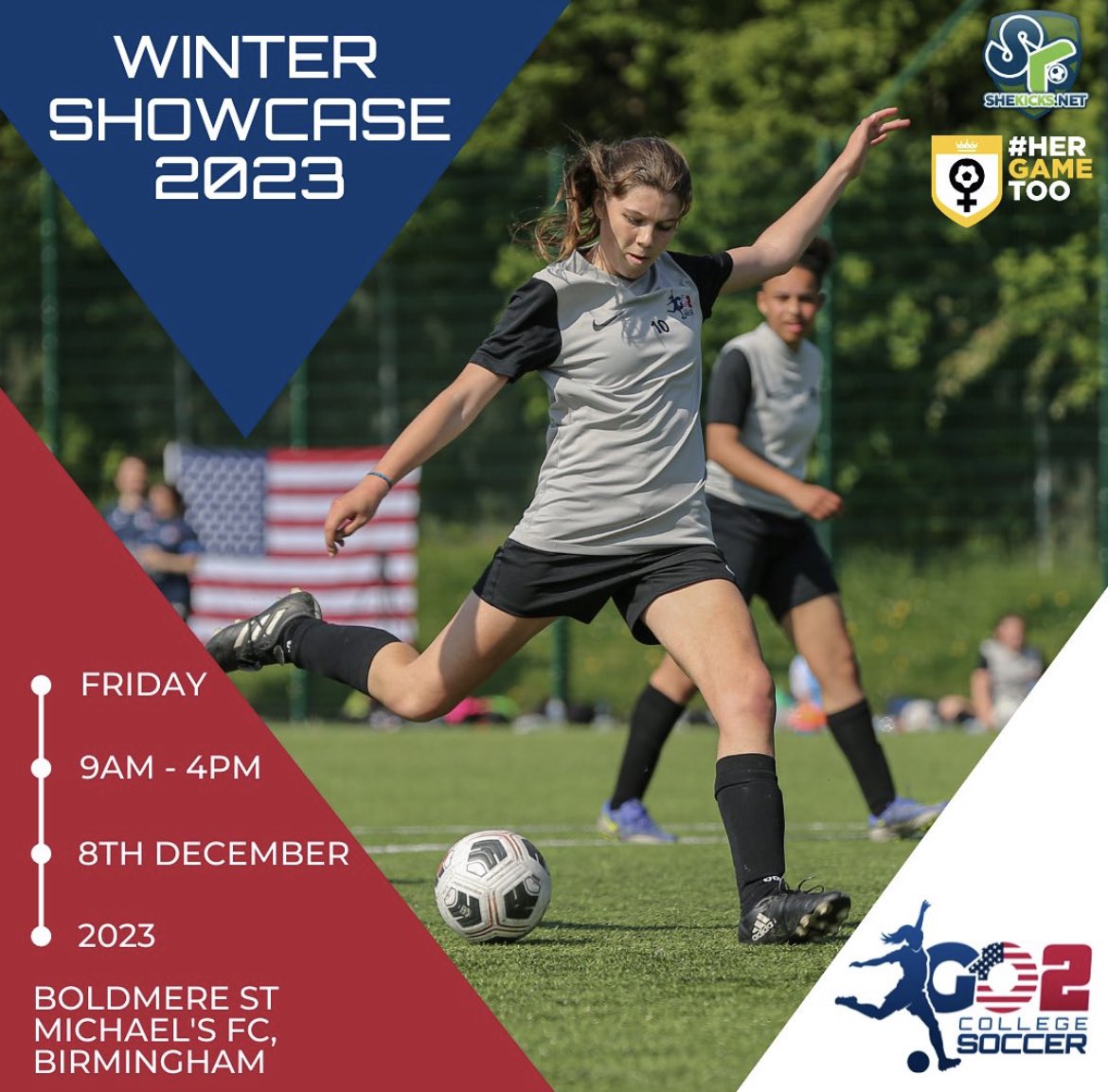 G2CollegeSoccer's tweet photo. ⏳| 𝟯 𝗪𝗲𝗲𝗸 𝗖𝗼𝘂𝗻𝘁𝗱𝗼𝘄𝗻

We are just three weeks away from our winter showcase and we can’t wait to welcome college coaches from all levels in 🇺🇸 to watch our players play live.

In what promises to be the largest one day Women’s soccer showcase event with 35+ college coaches signed up to attend in person, we look forward to providing a special platform for our players.

The event will be taking place at the fantastic Boldmere St Michael’s FC 🇬🇧 where we are always looked after superbly well.

We will also once again welcome our partners from @THISGIRLKICKS who will have a squad of players on the day.

For more information you can visit our website at https://t.co/Ja1ApkPv6E.

#WinterShowcase
#Opportunity
#ThisGirlCan

🇬🇧⚽️🇺🇸🔥