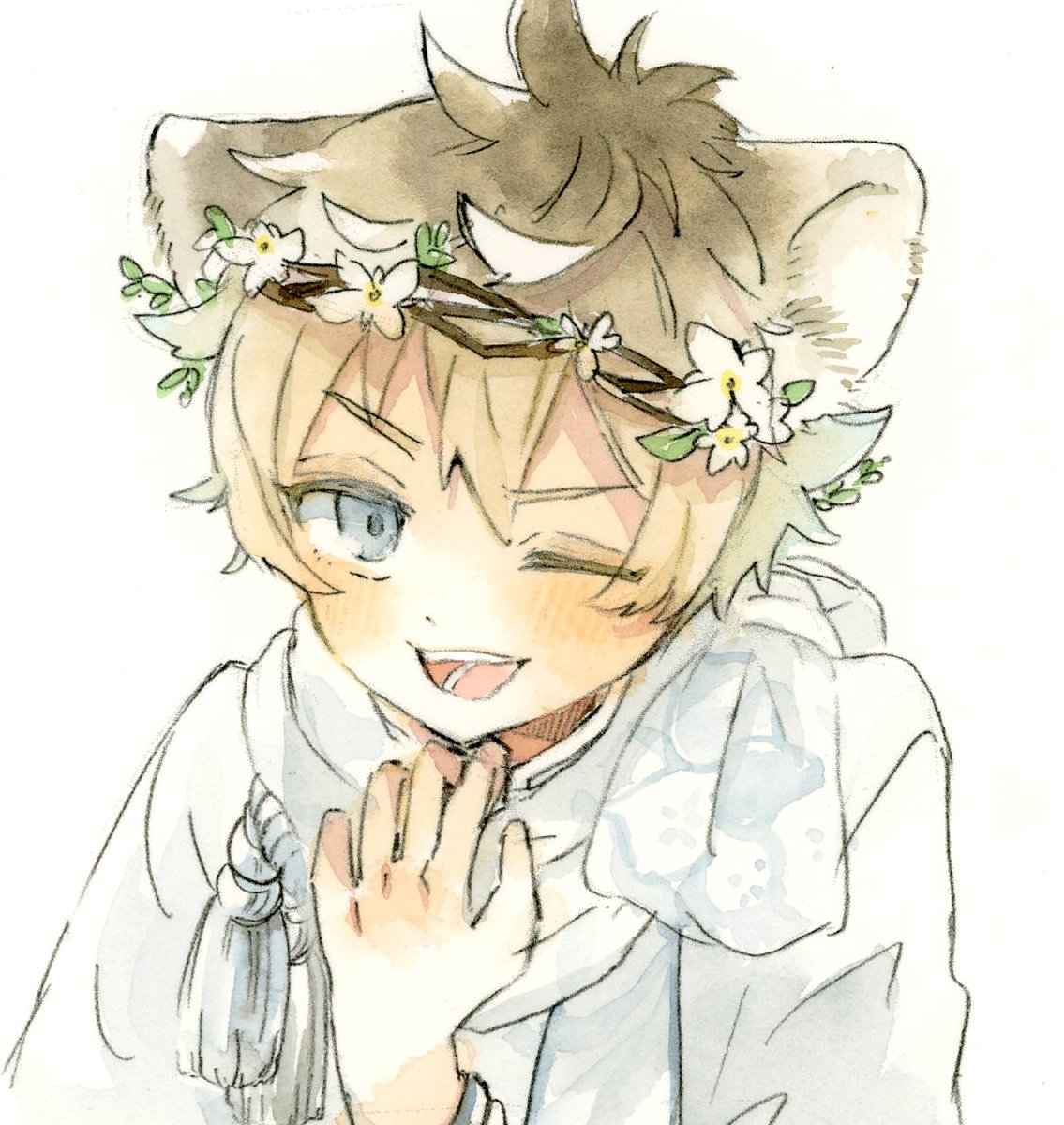 1boy male focus animal ears one eye closed head wreath blue eyes blonde hair  illustration images