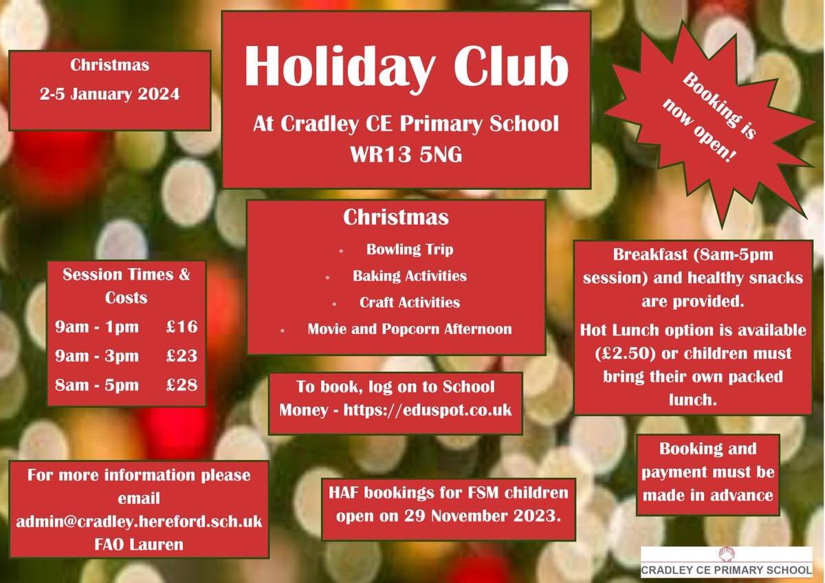 Christmas Holiday Club is now open for booking on School Money 🎅