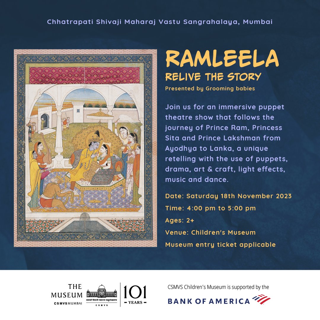 Join us for #immersive #puppettheatre show that follows journey of Prince Ram, Princess Sita & Prince Lakshman from Ayodhya to Lanka, a unique retelling w/ use of puppets, drama, art & craft, light effects, music & dance Ages 2+ Saturday 18th Nov 4 to 5 pm