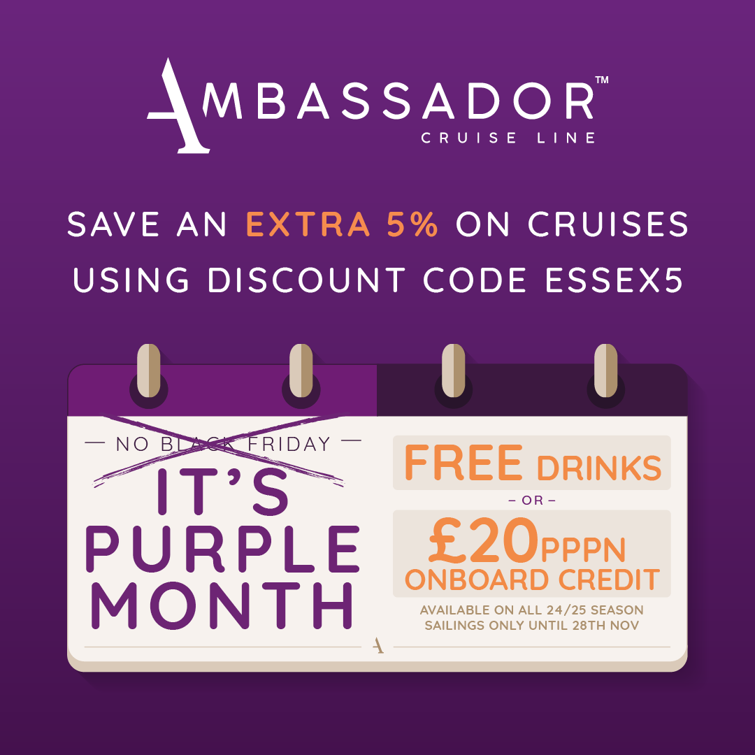Our Official Travel Partner, @ambassadorcruis is offering Members & supporters access to their exclusive Purple Month. You're invited to discover their outstanding offer until Tuesday 28 November! In November, Ambassador are giving guests the choice between Free Drinks or £20…