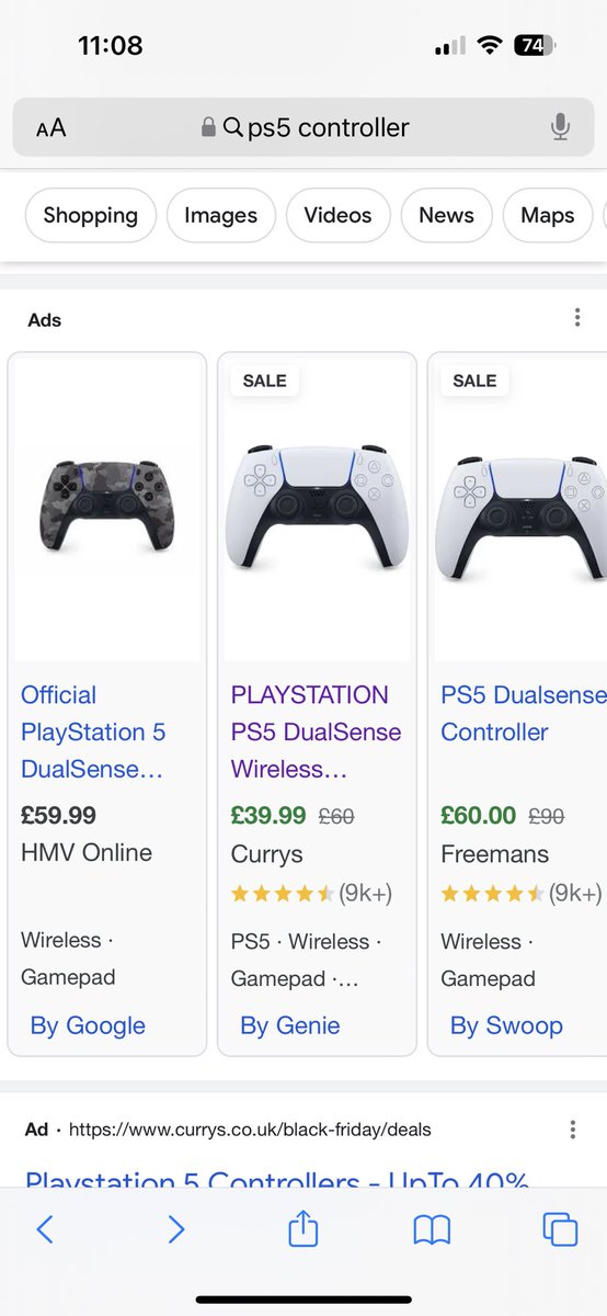 skipratmummy's tweet photo. Hey @currys you have PS5 controllers advertised at £39.99, I had one in my basket went to pay and it changed to £59.99? Yet still showing in google search at the lower price? #BlackFriday #whathappened https://t.co/sMBCLKEDMX