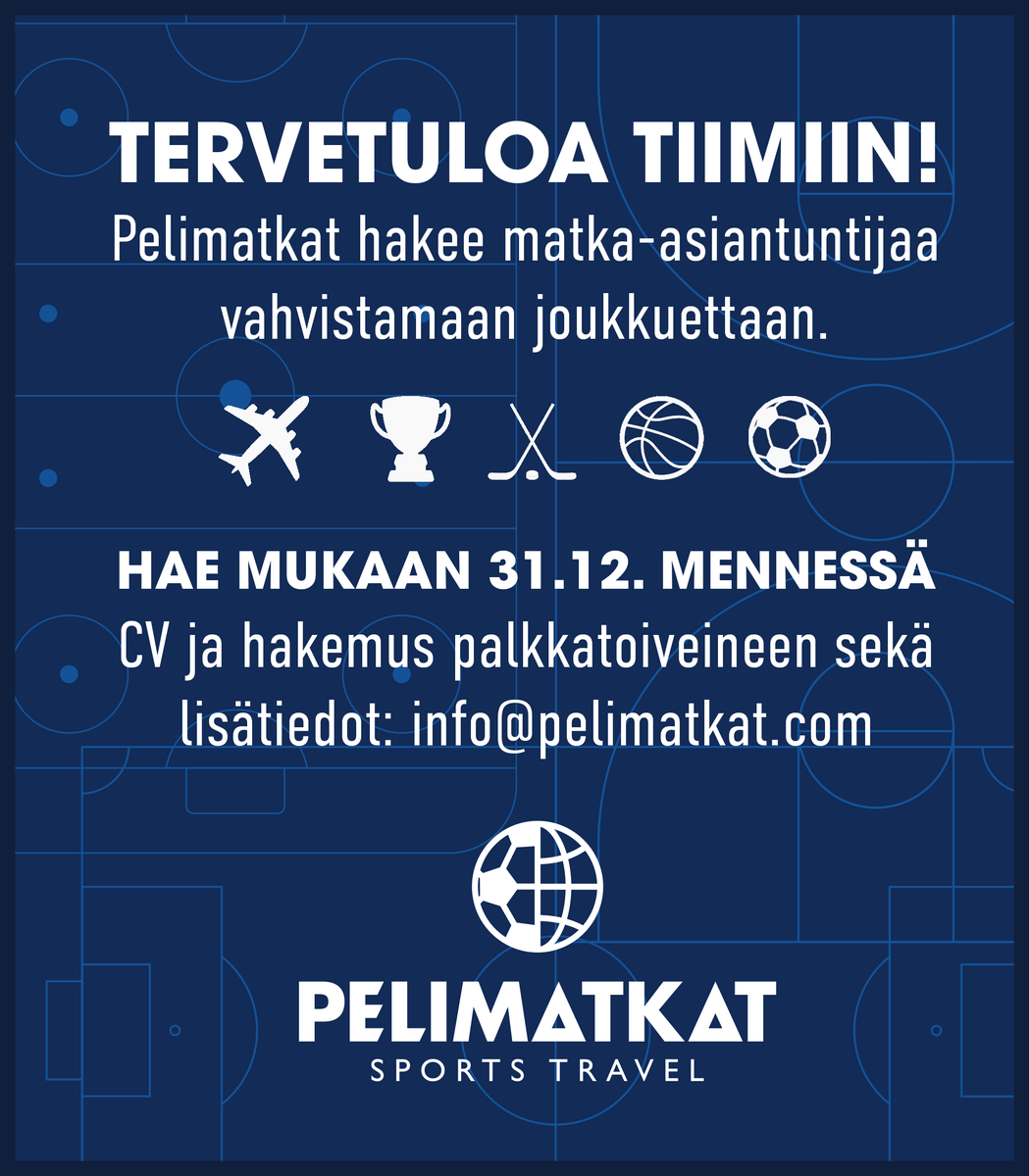 pelimatkat's tweet photo. Tervetuloa tiimiin!

Suomen johtava urheilumatkatoimisto Pelimatkat Sports Travel hakee matka-asiantuntijaa vahvistamaan joukkuettaan!

https://t.co/7OljDoEn0x

#pelimatkat #matkailu #urheilumatkat #sportstravel https://t.co/O8SN3ceksi