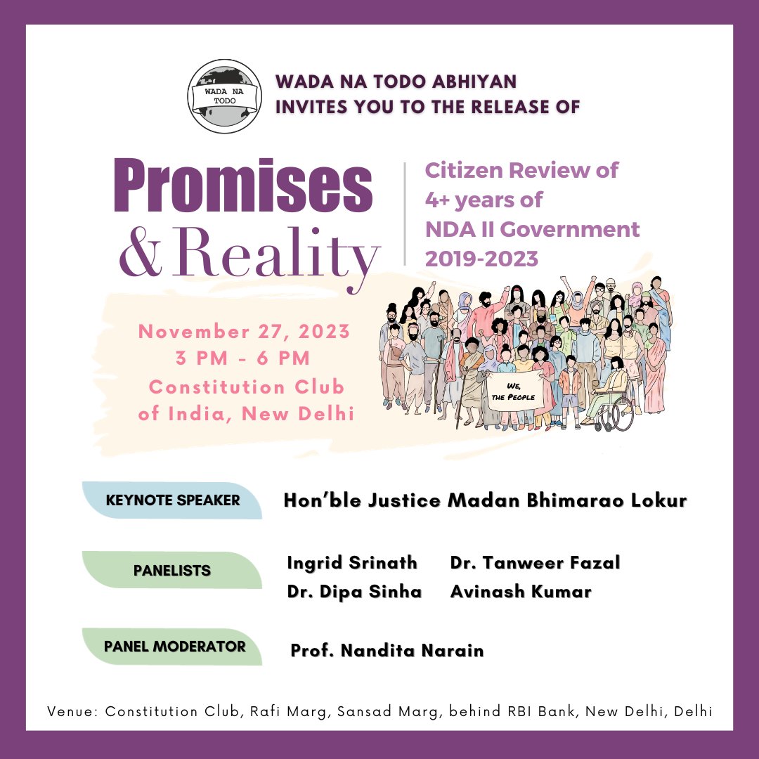 wadanatodo's tweet photo. WNTA is glad to invite you to the release of ‘Promises &amp; Reality' – a Citizen Review of 4+ years under NDA II Government 2019-2023.
Date : November 27, 2023
Time : 3 PM - 6 PM
Venue : Constitution Club of India, New Delhi
Looking forward to seeing you! https://t.co/ZYH2LnsHU5