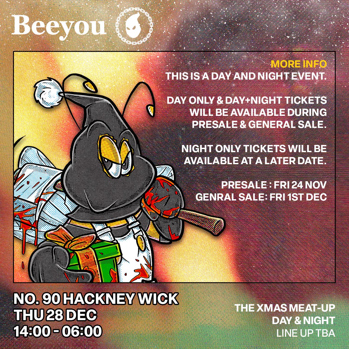 🐝🥩 Beeyou x Dungeon Meat : “The Xmas Meat-up” @ No.90 Hackney Wick.

With such a huge reaction to our initial announcement, we’ve decided to put on not ONE but TWO events! [DAY &amp; NIGHT]

📣 Last chance to sign up: bit.ly/bee-x-dm