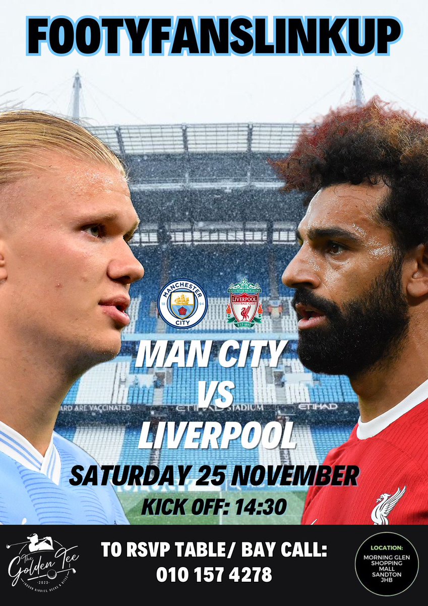 footyfanslnkup's tweet photo. Join us at the #FootyFansLinkUp on the 25th of November at the Golden Tee and watch the epic match between Man City &amp; Liverpool. Plus, catch up on other #PremierLeague fixtures and have a blast with fellow fans. RSVP now and invite your friends. It’s going to be awesome! https://t.co/Z5yXrteNw2