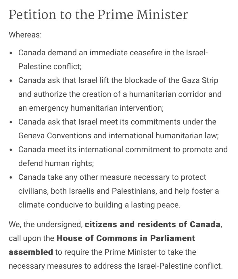 Petition e-4649 asking that Canada demand an immediate ceasefire has surpassed 250,000 signatures. If you are a Canadian resident and citizen, please consider signing before the petition closes on November 23rd. ourcommons.ca/petitions/en/P…