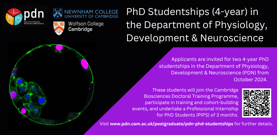 🚨Applicants are invited for two 4-year PhD studentships in the Department of Physiology, Development &amp; Neuroscience, and jointly funded with <a href="/Newnham_College/">Newnham College</a> and <a href="/WolfsonCam/">Wolfson College</a>.
Application deadline: Thursday 4 January 2024 
pdn.cam.ac.uk/postgraduate/p… 🚨