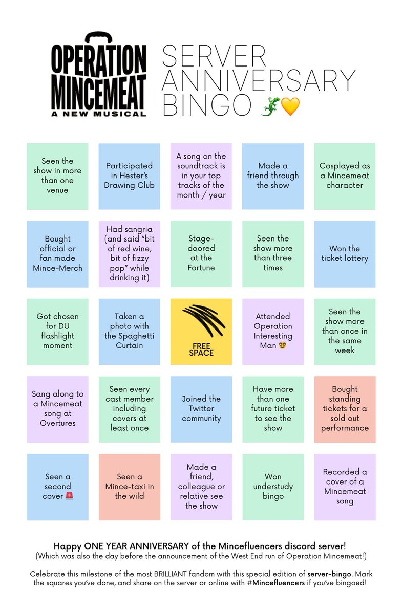 thevalmarques's tweet photo. Happy #mincefluencer discord server anniversary! 
Thanks to @AgentMaayan we now have our own Mincefluencer bingo card!
I can’t describe how much this show &amp; community means to me, and I can’t believe it’s already been a full year since the discord server (and 1 1/2 for Twitter!) https://t.co/wcfagkaf20