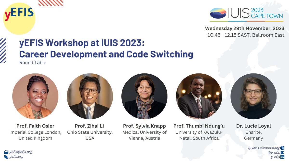 yEFIS (@y_efis) on Twitter photo Looking forward to meeting you at the IUIS meeting in Capetown!
On November 29th, <a href="/nikolaouch/">Christos Nikolaou</a>, <a href="/NatBennett8/">Nat Bennett</a> and <a href="/Rosalie_Ke/">Rosalie Kempkes</a> from yEFIS will host a panel discussion on equity, diversity, and career development with experts in immunology from minority backgrounds.
See you there! Looking forward to meeting you at the IUIS meeting in Capetown!
On November 29th, <a href="/nikolaouch/">Christos Nikolaou</a>, <a href="/NatBennett8/">Nat Bennett</a> and <a href="/Rosalie_Ke/">Rosalie Kempkes</a> from yEFIS will host a panel discussion on equity, diversity, and career development with experts in immunology from minority backgrounds.
See you there!
