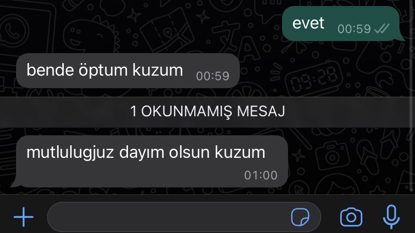 ANNEMDEN 1 YENİ MESAJ😅🥰
mutluluğunuz dayım, hüznünüz amcam, cumanız mübarek olsunjşsfşlfş