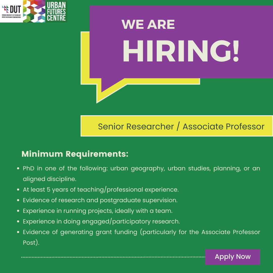 UFC_DUT's tweet photo. WE ARE HIRING!

Urban Futures Centre is looking for dynamic and multifaceted humans to take on the role of Senior Researcher &amp; Associate Professor.

APPLICATION DEADLINE: 30 NOVEMBER 2023

FOR DETAILS ON THE APPLICATION PROCESS, contact Precious Fundi Zulu (PreciousZ2@dut.ac.za). https://t.co/E9MhCjyAOL