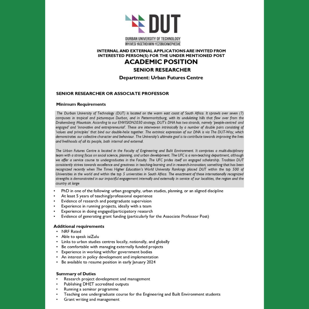 UFC_DUT's tweet photo. WE ARE HIRING!

Urban Futures Centre is looking for dynamic and multifaceted humans to take on the role of Senior Researcher &amp; Associate Professor.

APPLICATION DEADLINE: 30 NOVEMBER 2023

FOR DETAILS ON THE APPLICATION PROCESS, contact Precious Fundi Zulu (PreciousZ2@dut.ac.za). https://t.co/E9MhCjyAOL
