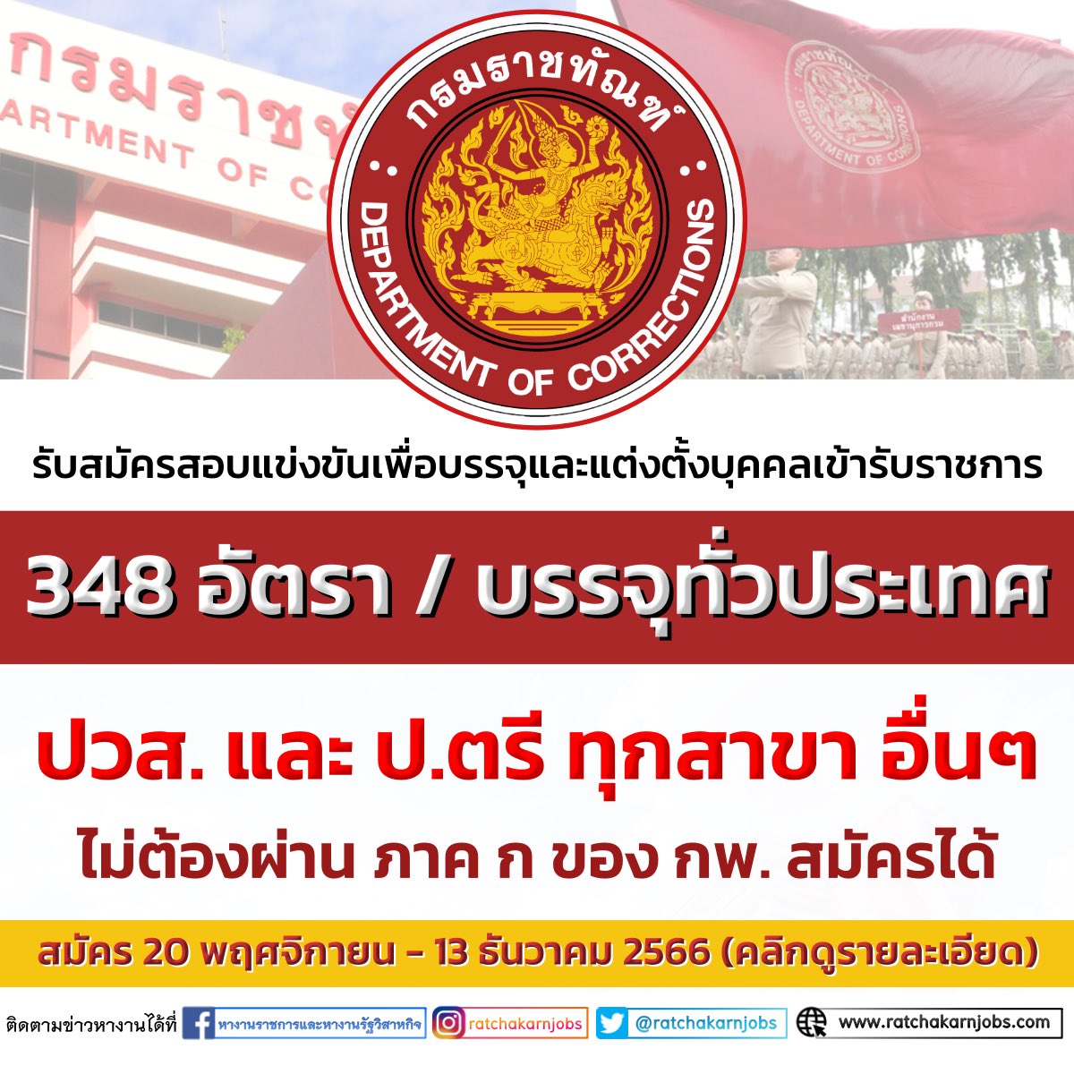 ratchakarnjobs's tweet image. ปวส. ป.ตรี ทุกสาขา อื่นๆ / 348 อัตรา / ไม่ต้องผ่าน ภาค ก ของ กพ. สมัครได้ / บรรจุทั่วประเทศ
👉 ratchakarnjobs.com/correct-9/
กรมราชทัณฑ์ / 20 พ.ย. - 13 ธ.ค. 66
.
แนวข้อสอบ  bit.ly/3pi2Ky2
งานราชการ bit.ly/3QyW8DB
.
#หางานราชการ #งานราชการ #งานดี #ratchakarnjobs