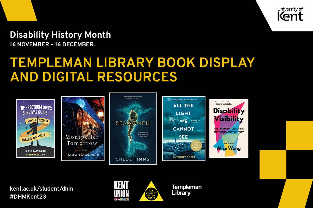 Empowering Narratives: Reading List for Disability History Month. bit.ly/ReadingDHM2023 The library, with help from Student Services and the staff disability network, has created a reading list featuring over 60 books, podcasts and films. #DHM2023 #TemplemanLibrary #UniKent