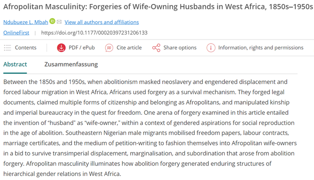 🆕@NdubuezeLMbah on how forgery during slave abolition in #Nigeria shaped gender relations. #AfricanHistory As always, 🆓#OpenAccess 🖱️doi.org/10.1177/000203… @HSGlobalHistory