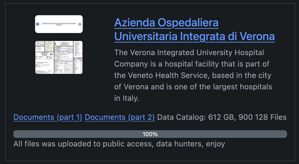 sonoclaudio's tweet photo. Attacco informatico snobbato dai grandi media 🇮🇹 (se non si tratta di di attacchi DDoS, non c'è notizia).
Rhysida ha pubblicato 612 GB di dati di Azienda Ospedaliera Universitaria Integrata di Verona.
Una valanga di dati personali, sanitari, sensibili.
Confidiamo nel @GPDP_IT 🙄