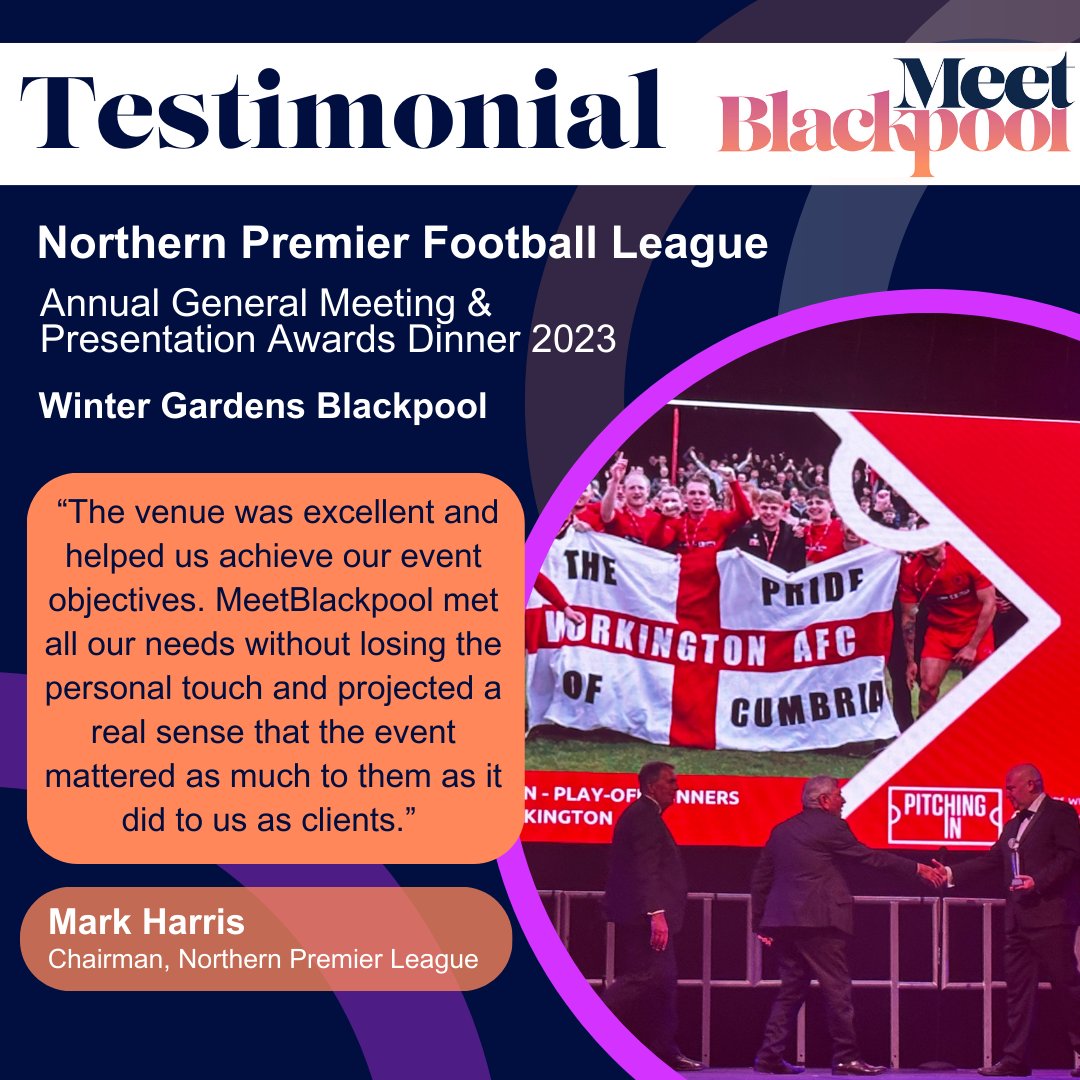 MeetInBlackpool's tweet photo. The Northern Premier Football League chose the @WGBplConference as the location for its 2023 AGM and Presentation Awards. Find out how the Winter Gardens team facilitated the league’s showpiece event and helped them meet their goals 👉 https://t.co/fgElu9IjgN  

#eventprofs #NPL https://t.co/1dryEVFnTk