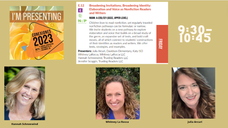 This morning, we are talking about reading identity and nonfiction. Come join us! @stenhousepub @HeinemannPub @whitney_larocca @mstewartscience @ncte #NCTE23