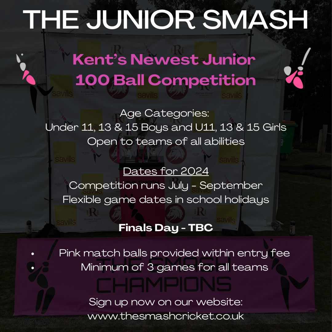 New in 2024, The Junior Smash! The competition is open for all u11, u13s and u15s Boys and Girls teams across Kent! #thesmash 💯🏏