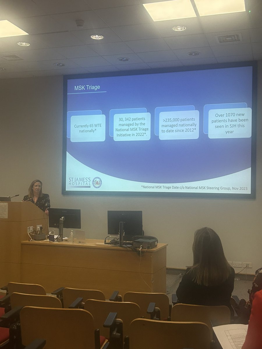Clinical specialist physio Lauren Whelan highlights the results of the MSK triage to pain services pathway in <a href="/stjamesdublin/">St James's Hospital</a> &gt; 1000 patients taken off consultant waiting lists this year alone, reducing pt waiting time x 15 months 👏🏼 #SJHConf23