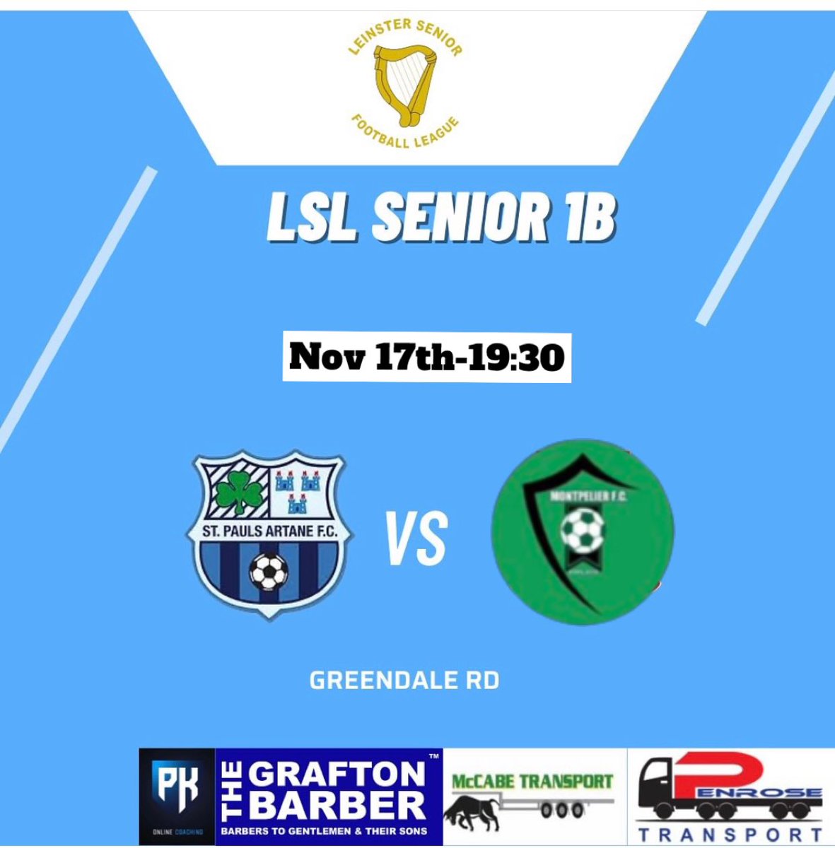 Senior 1B team are back In League Action Tonight Vs <a href="/MPFC20/">Montpelier FC</a> 

⏱️Kick off 730pm 
📍Greendale Road⚽️

All support welcome💙
<a href="/LSLLeague/">Leinster Senior League</a> 
<a href="/AlQuinn2015/">LSL Live Update’s</a> 
<a href="/hitthechannels/">Football lover</a> 
<a href="/FinalWhistleIE/">FinalWhistle.ie</a>