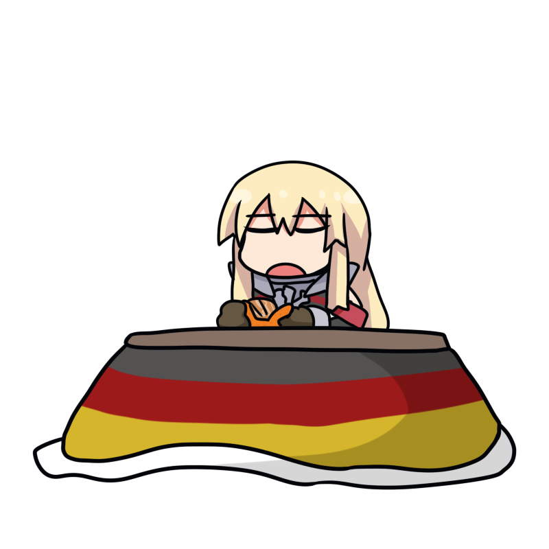 bismarck (kancolle) 1girl solo kotatsu table blonde hair closed eyes food  illustration images