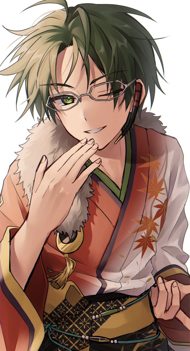 1boy male focus one eye closed glasses japanese clothes solo green eyes  illustration images