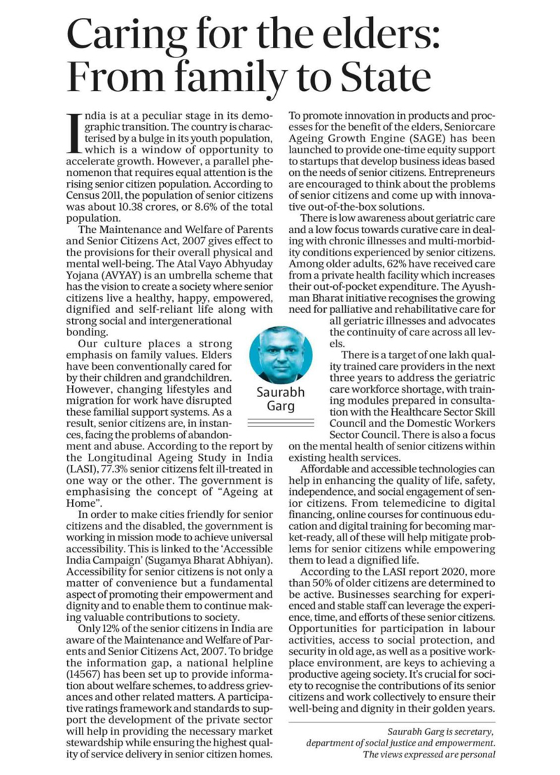 MSJEGOI's tweet image. Know the insights shared by Secretary Shri Saurabh Garg in this op-ed published on 9 November 2023 - ‘Caring for the Elders- From Family to State’; outlining a transformative approach to Elder Care in India. Explore initiatives like AVYAY and skilling programs for caregivers,