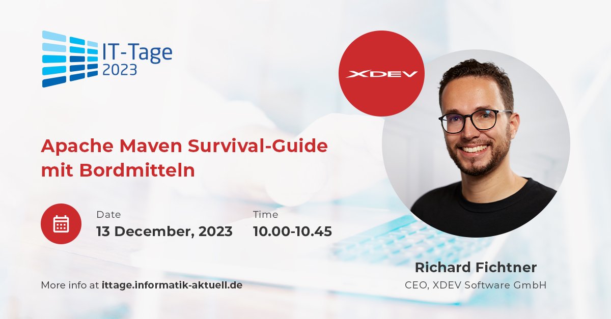 XDEVSoftware's tweet image. Excited to join the #ITTage 2023 in December! Our @RichardFichtner brings his &quot;Apache Maven Survival Guide&quot; with best practices from over 10 years. Don&apos;t miss out! 🗓️
#ITTage #ApacheMaven #buildBetterBuilds #Java @InformatikAktue @ASFMavenProject